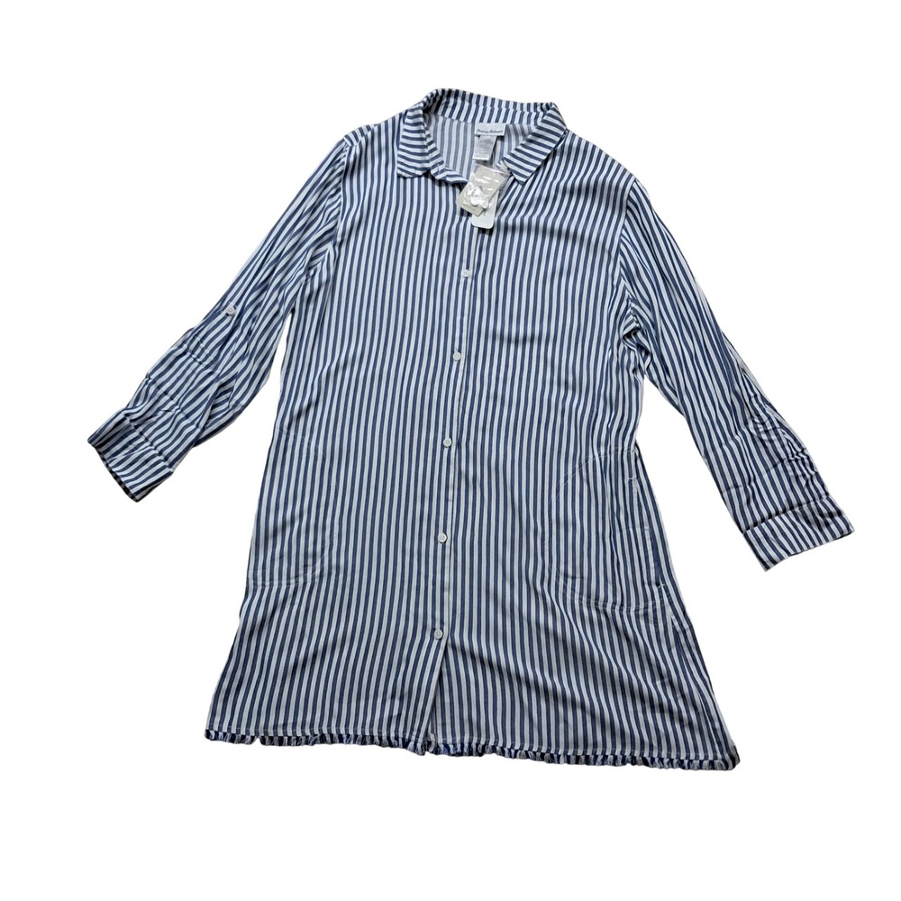 NWT Tommy Bahama Shirt Womens XL Blue White Chambray Stripe Nautical Coastal